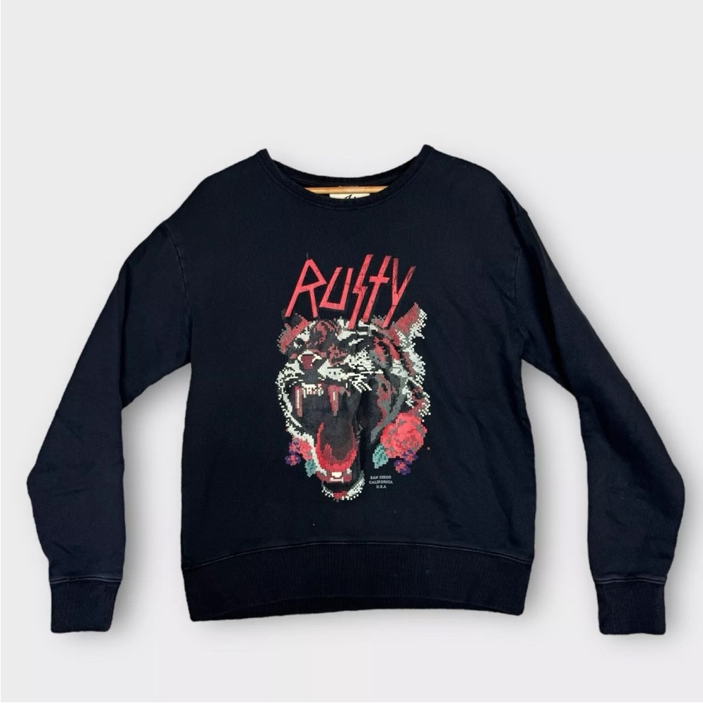 Vintage Rusty Sweatshirt Women’s M UK 10 Black Heavyweight Pixel Tiger San Diego